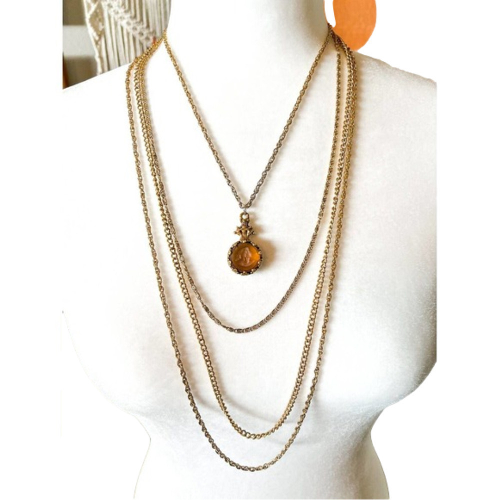 𝅺60S Goldette NY Necklace Etched Cameo Amber Charm Long Multi Strand 16 In